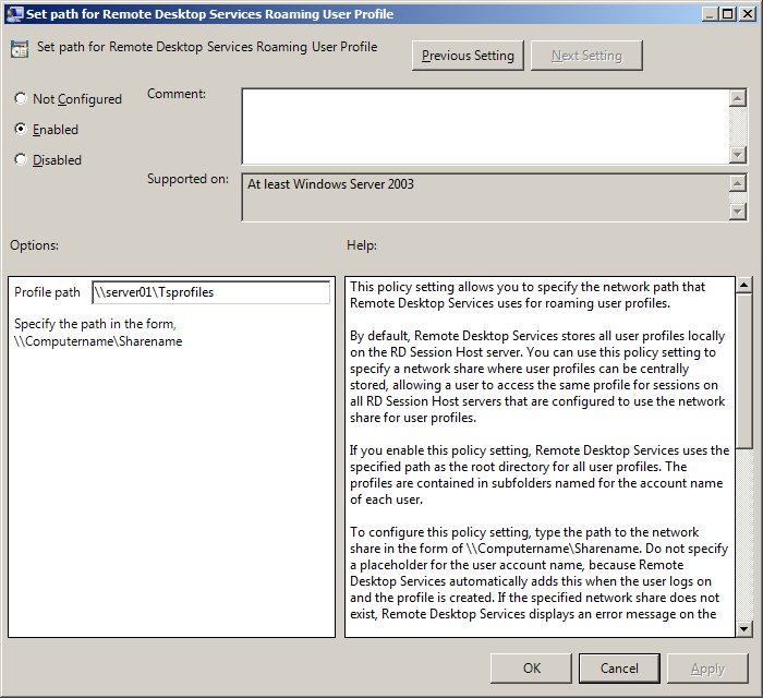 Remote Desktop Services profile path